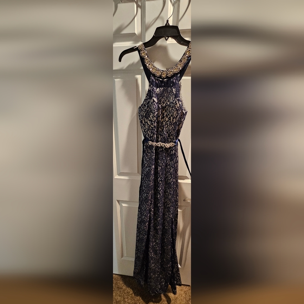 Elegant Navy Lace Dress with Belt